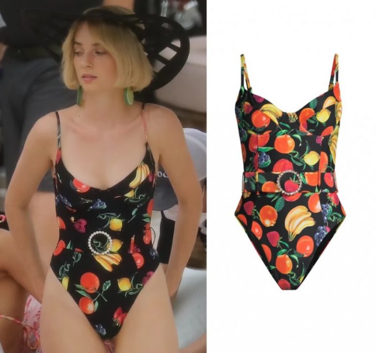 Strangers: Black Fruit Printed Belted Swimsuit