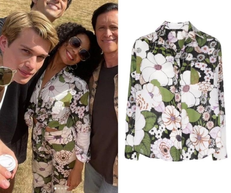 Red White and Royal Blue: Green & White Floral Tie Front Top