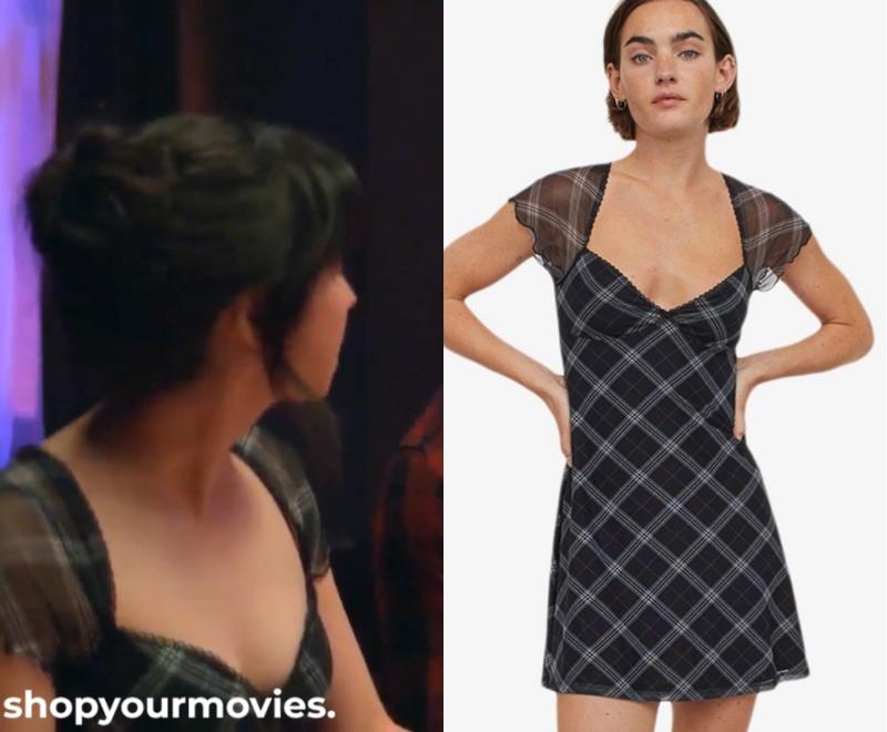 h&m plaid mesh dress Women's Black/Checked Gathered mesh dress
