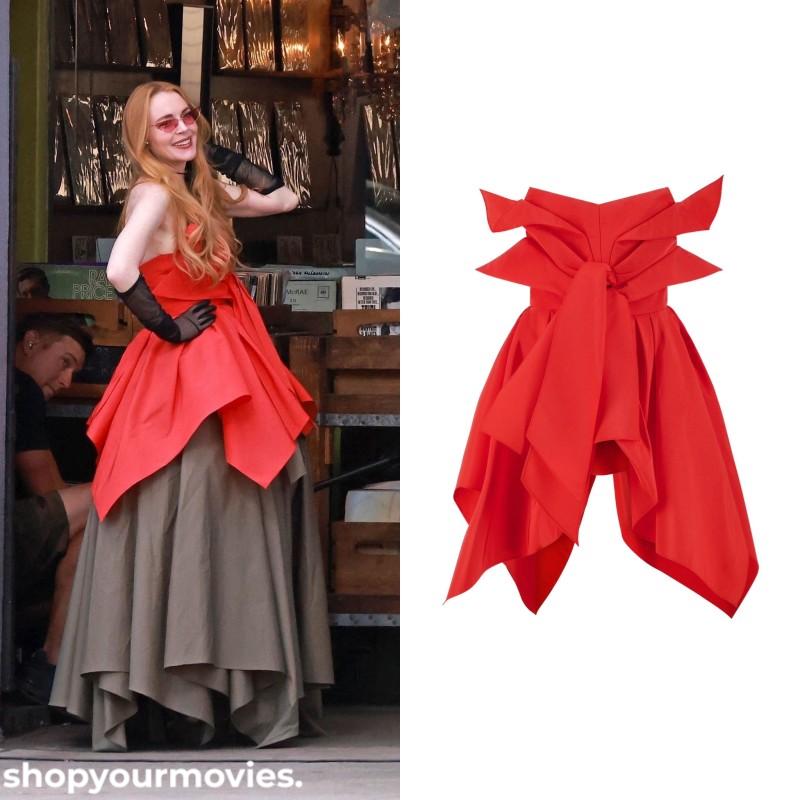 freaky friday red dress Lindsay Lohan in a Ruffled Magenta Gown at 'Freakier Friday' Premiere