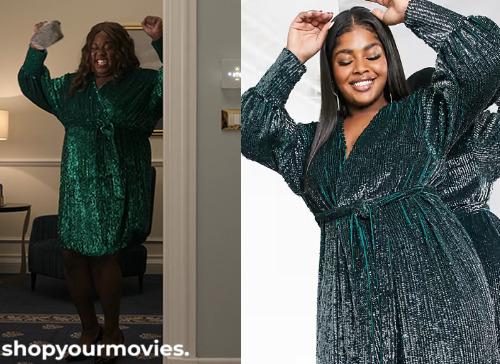 Another Simple Favor: Vicky’s Green Sequin Belted Midi Dress
