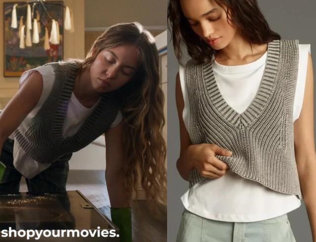 The Housemaid: Millie’s White T Shirt with Layered Grey Rib Vest