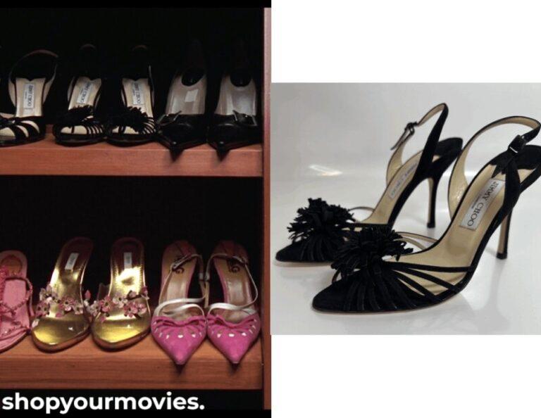 13 Going on 30: Jenna’s Black Heeled Sandals with Pom Poms